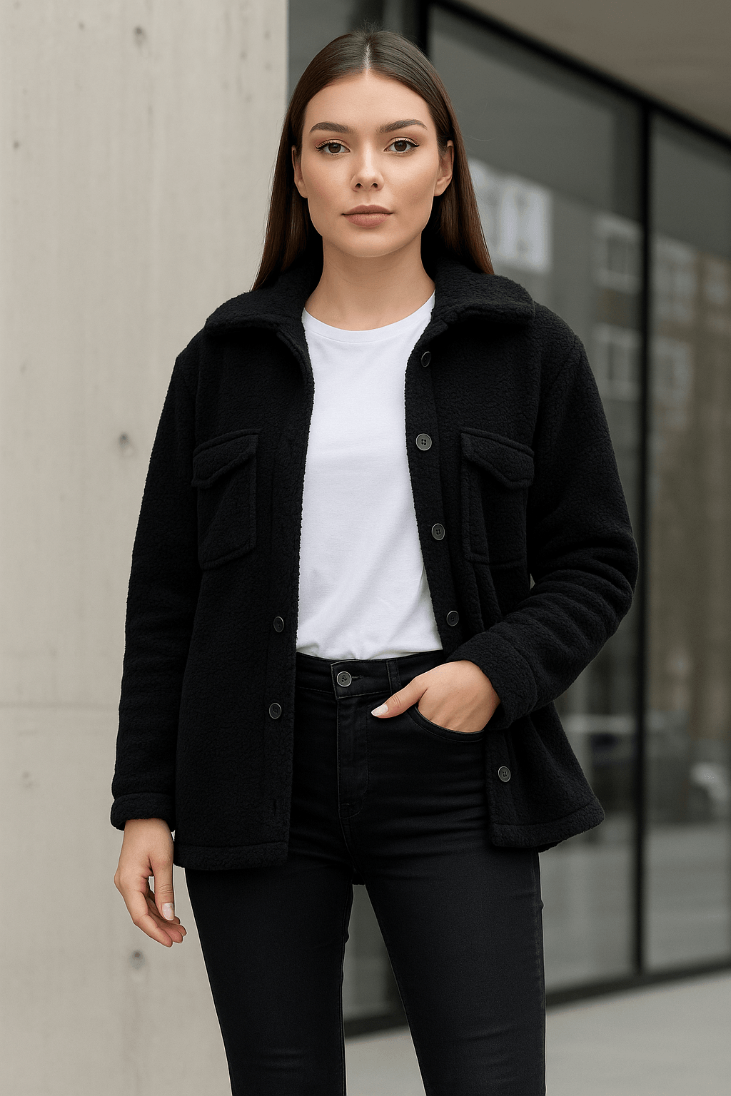 Düğmeli Peluş Ceket B3922 - siyah
