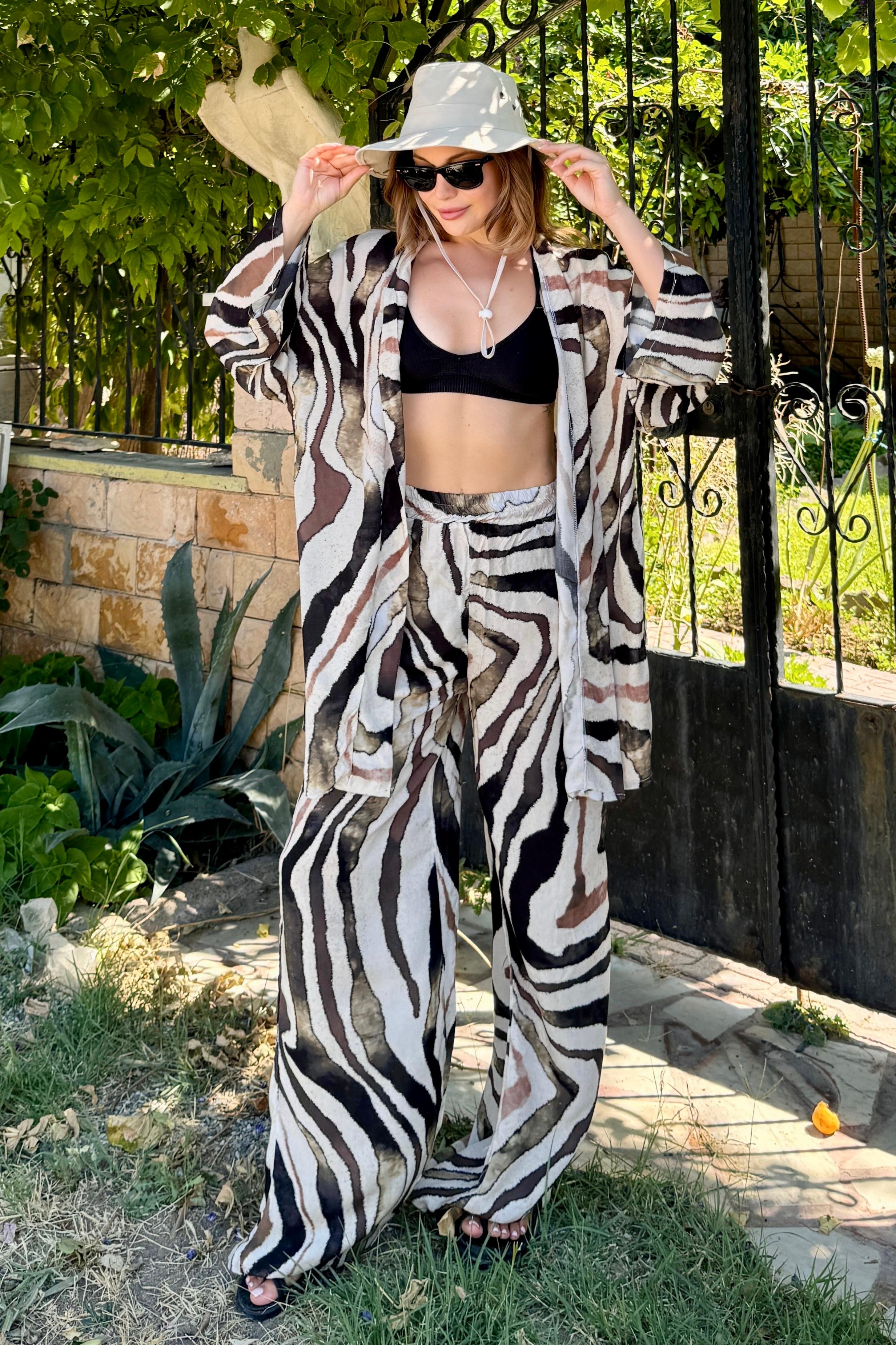 Alaçatı Vual Kimono Takım VL6757 - Kahve Zebra