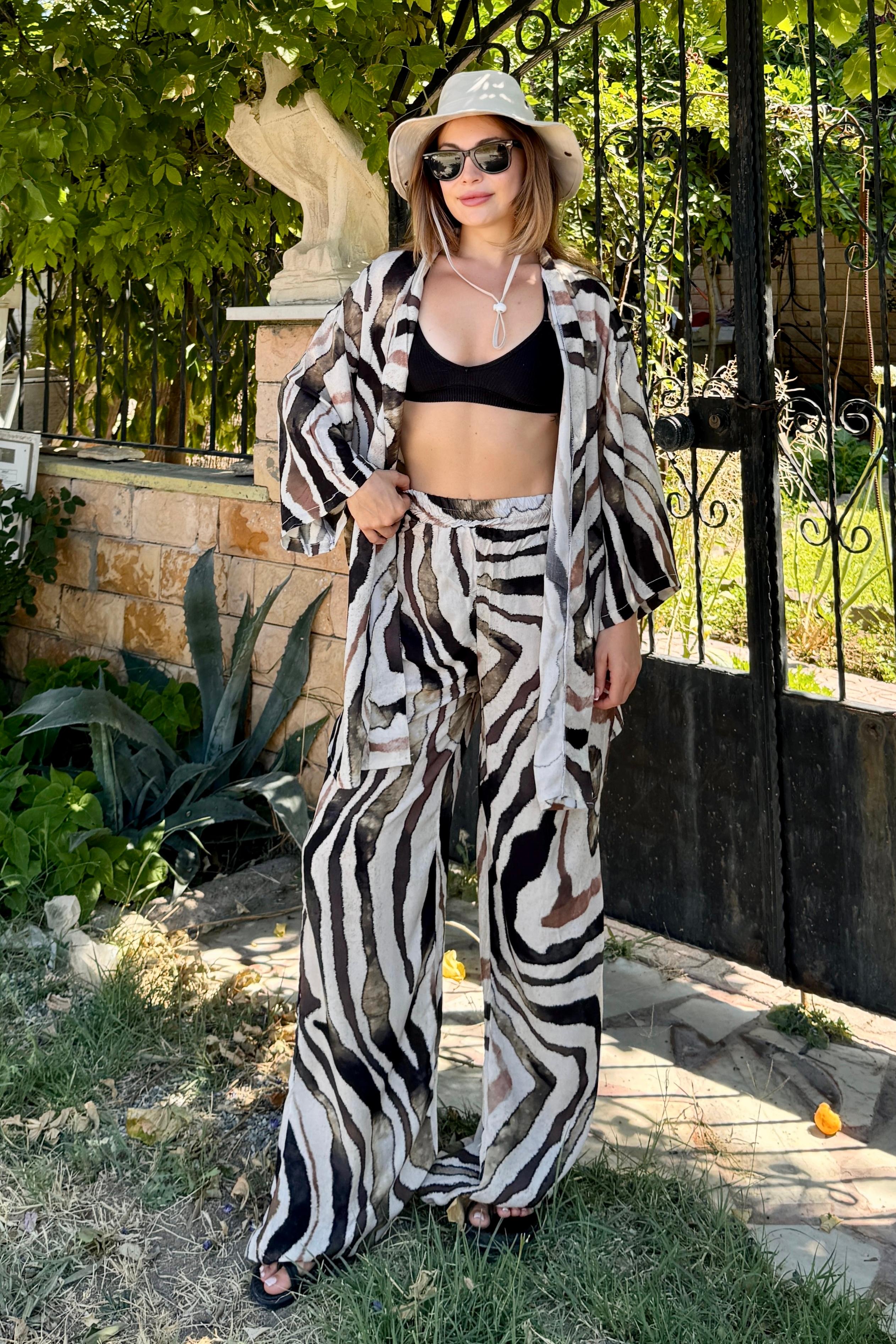 Alaçatı Vual Kimono Takım VL6757 - Kahve Zebra