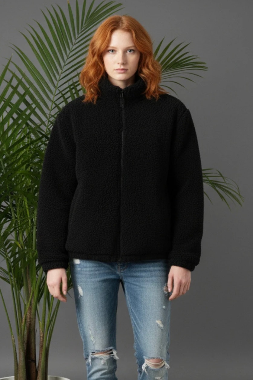 Fermuarlı Peluş Ceket H8019 - siyah