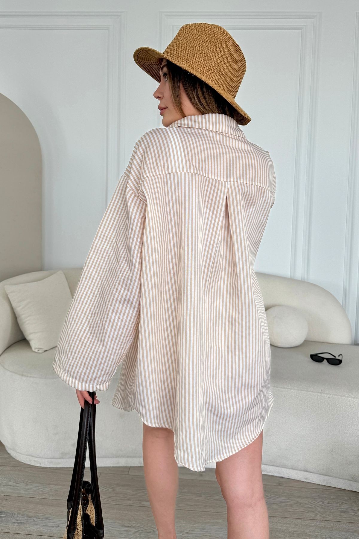 Özel Seri Oversize Bağlamalı Kimono Gömlek B6547 - bej