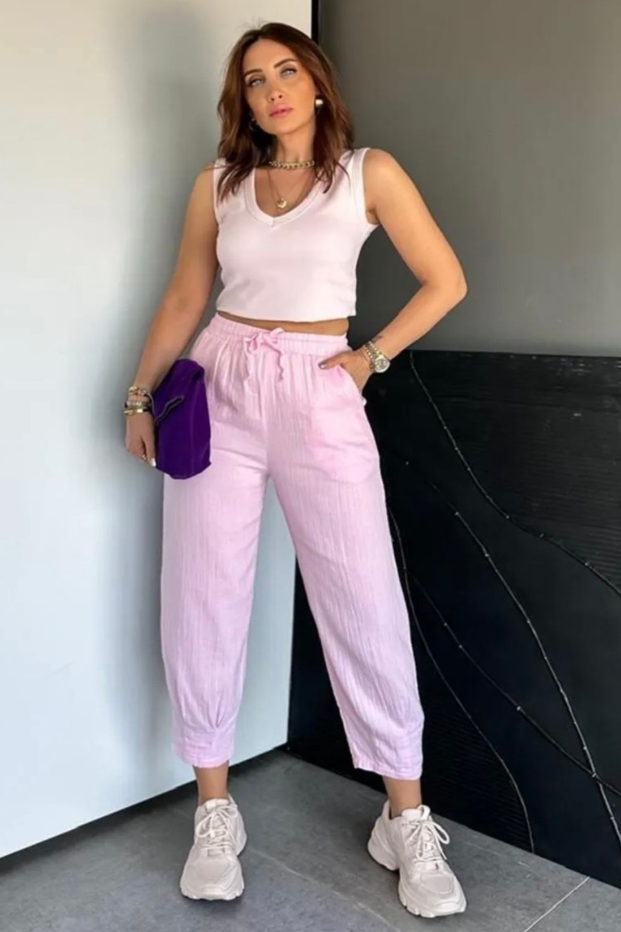 Paça Pensli Müslin Balon Pantolon FG8797 - pembe