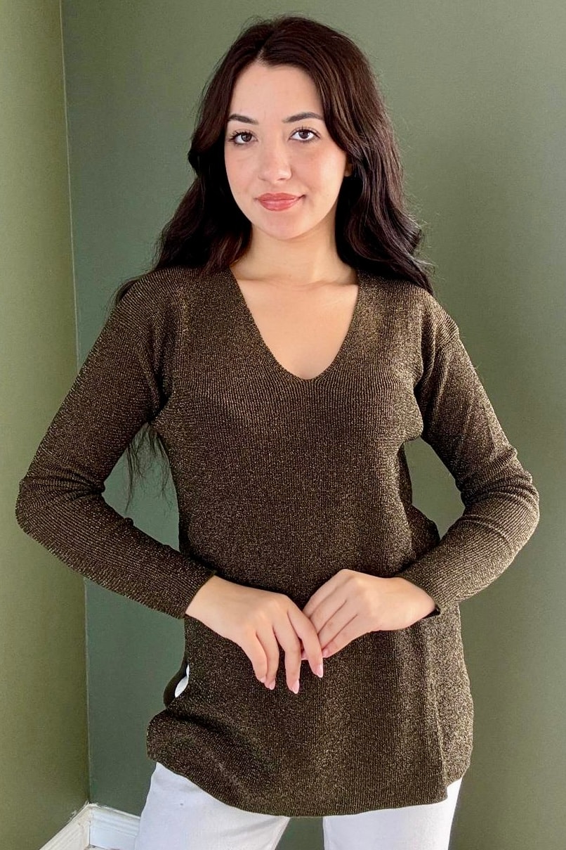 V Yaka Simli Triko (Kalçayı Kapatır) D5039 - haki