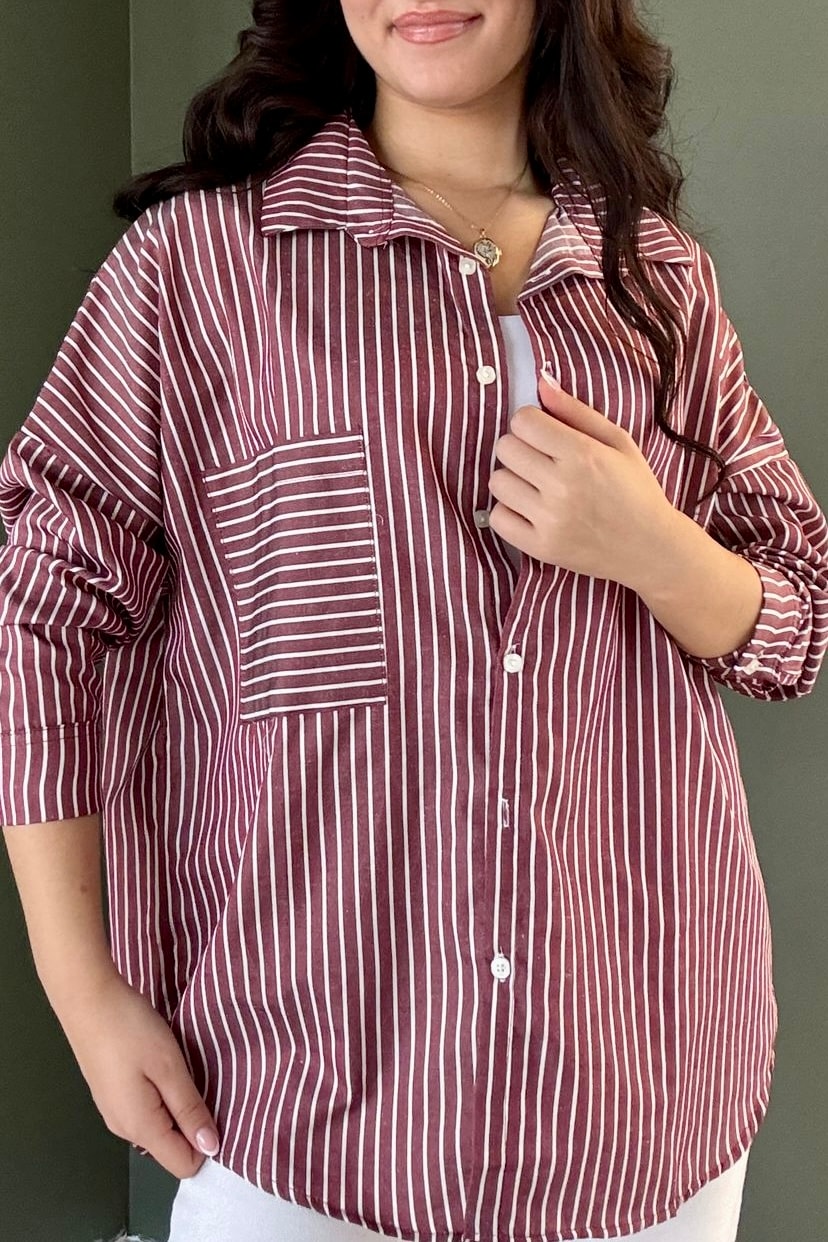 Oversize Çizgili Gömlek B5039 - bordo