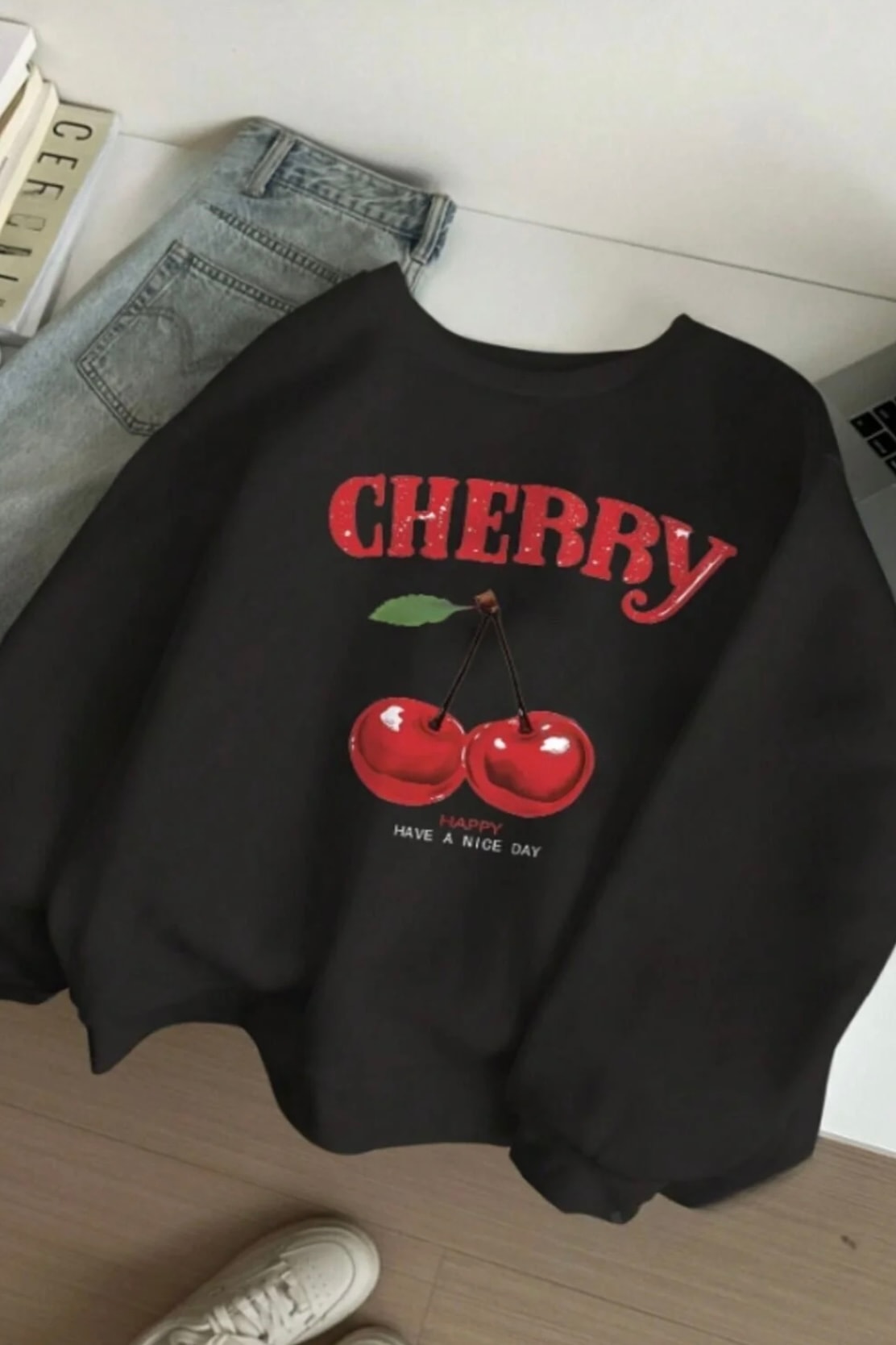 Kalın Üç İplik Cherry Sweatshirt C6877