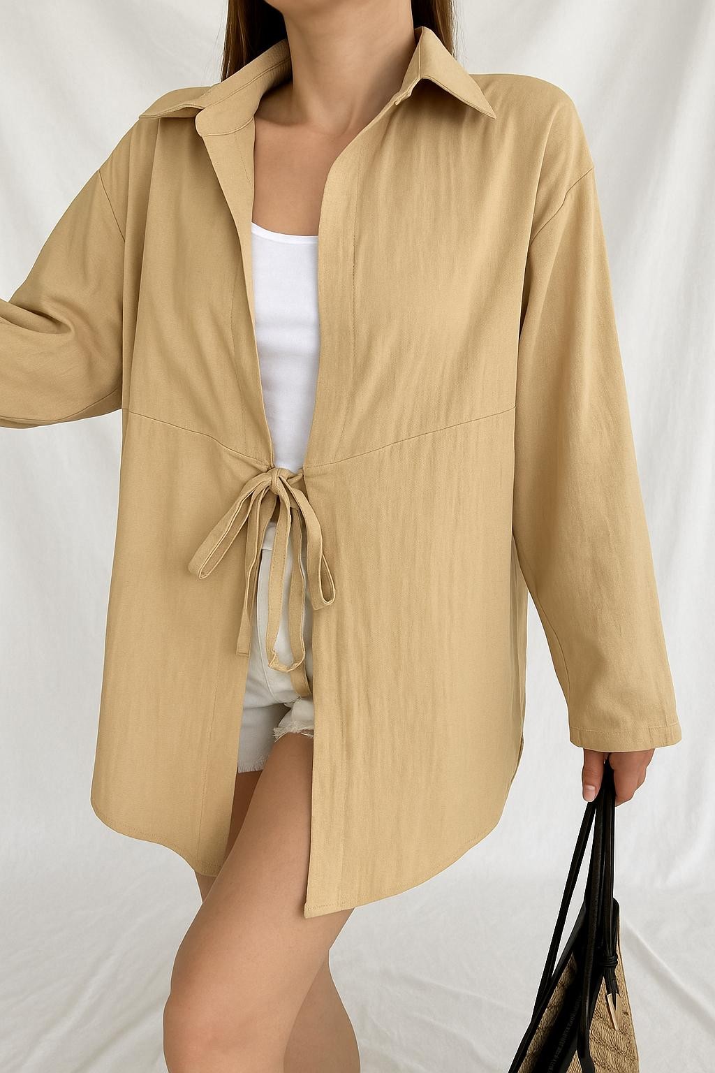 Özel Seri Oversize Bağlamalı Kimono Gömlek B6547 - hardal