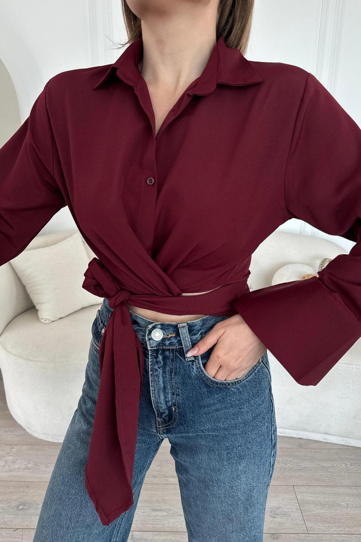 Lüx Kalite Bağlamalı Poplin Gömlek BB0250 - bordo1