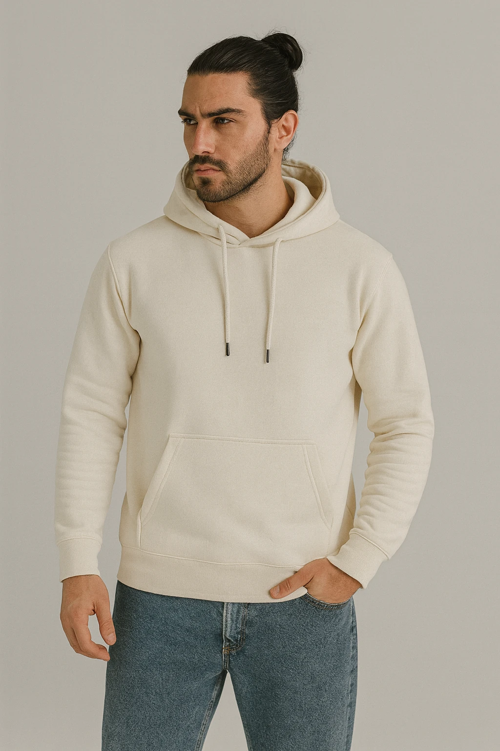 Kalın Üç İplik Kanguru Sweatshirt K5469 - beyaz