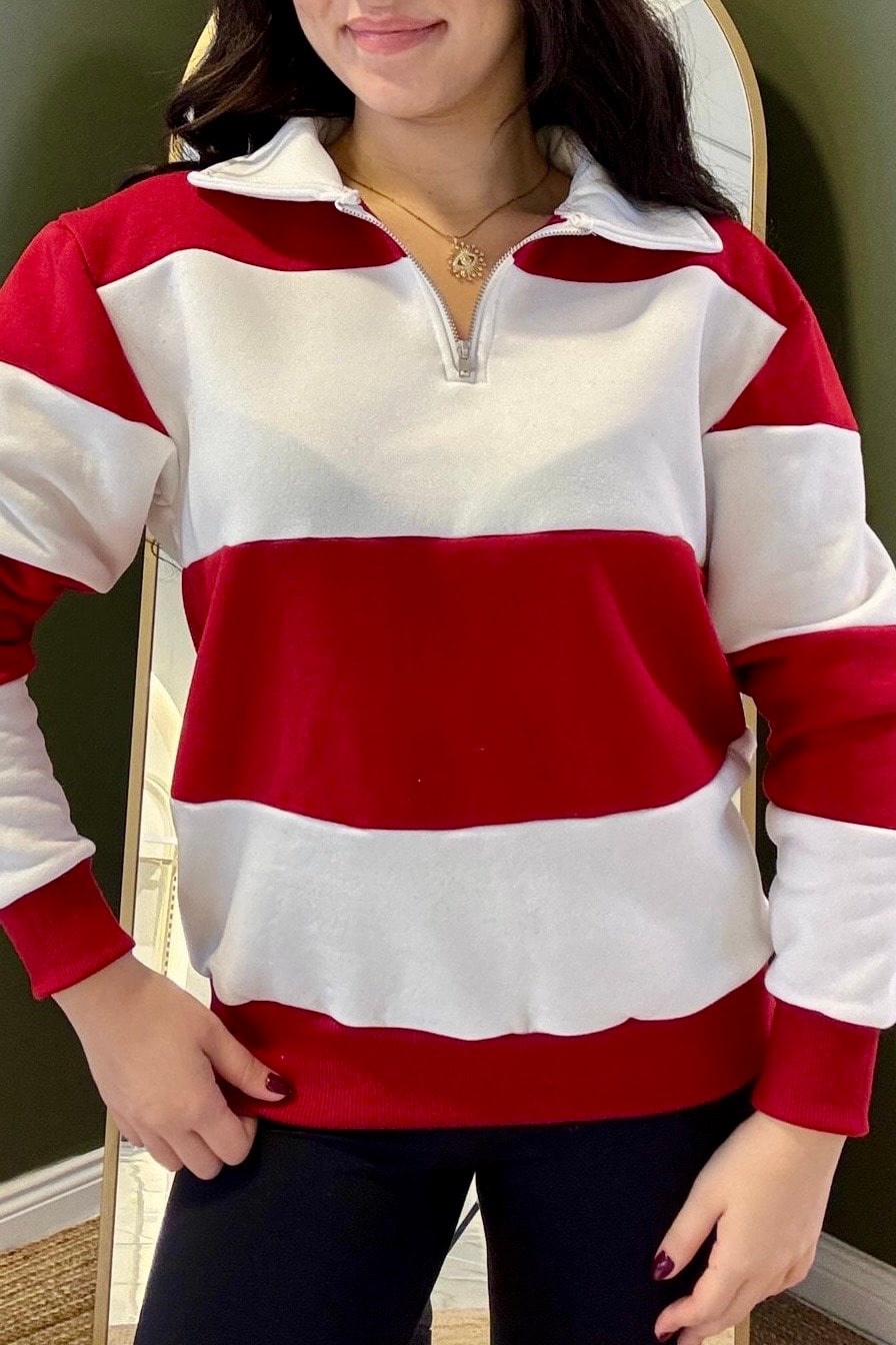 Kalın Çizgili Marin Sweatshirt M3641 - kırmızı