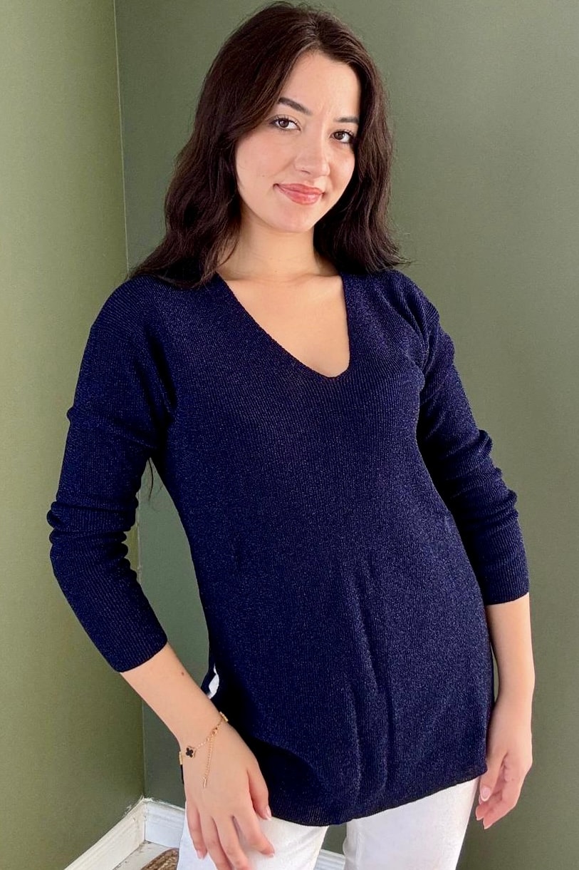 V Yaka Simli Triko (Kalçayı Kapatır) D5039 - lacivert