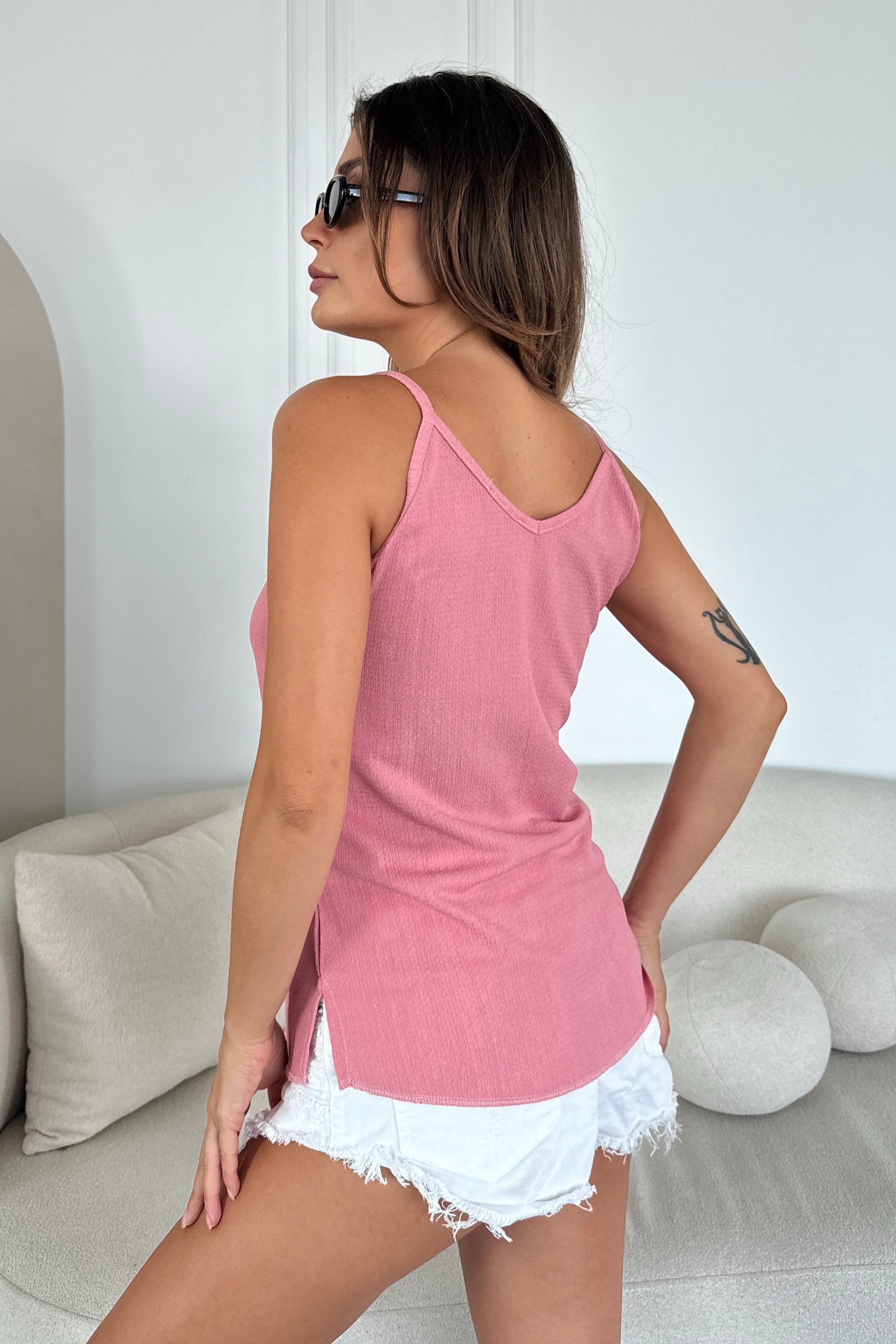 Askılı Krinkıl Dokulu Bluz Y3617 - gül kurusu