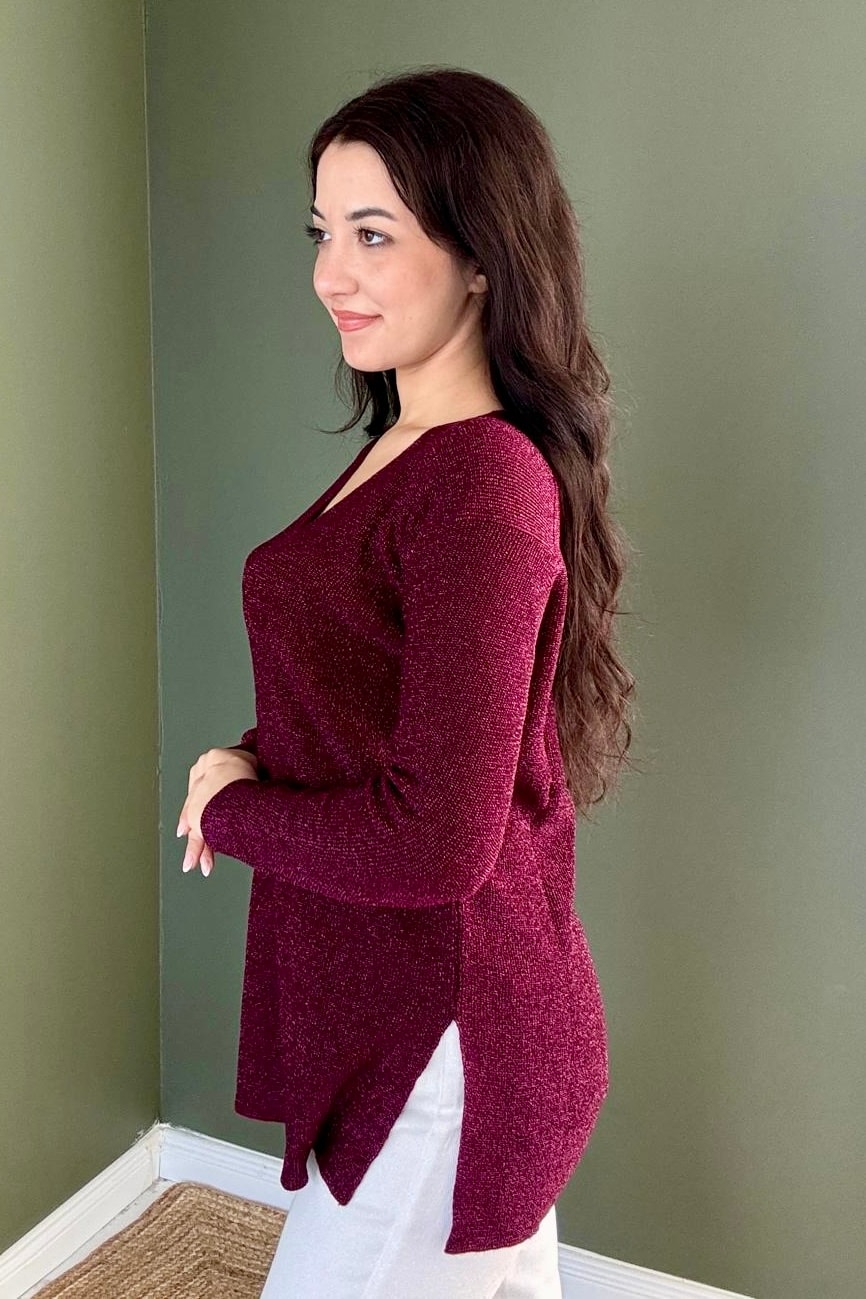 V Yaka Simli Triko (Kalçayı Kapatır) D5039 - bordo