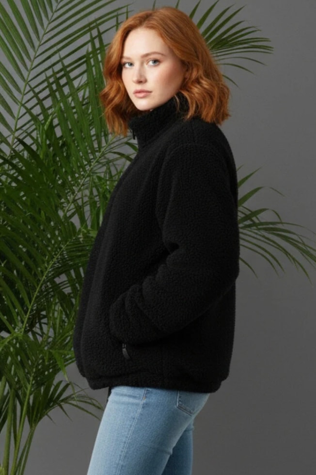 Fermuarlı Peluş Ceket H8019 - siyah