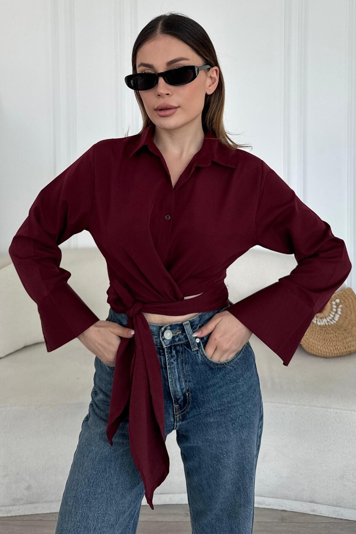 Lüx Kalite Bağlamalı Poplin Gömlek BB0250 - bordo1