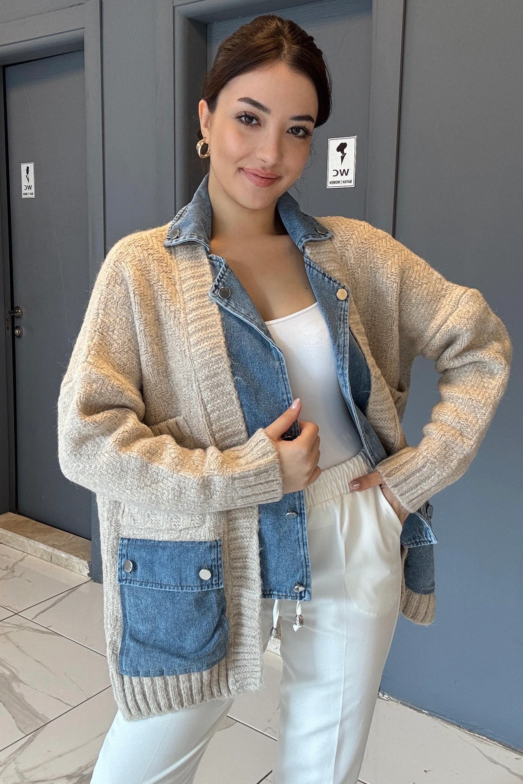 Premium Seri Kot Detaylı Triko Ceket B0376 - bej