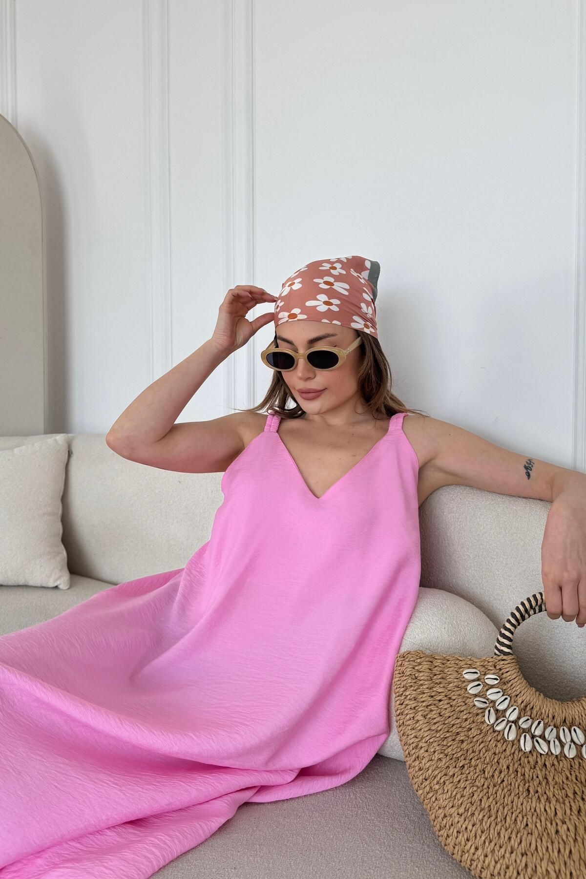 Dökümlü Basic Kolay Ütü Bodrum Keten Elbise - pembe2