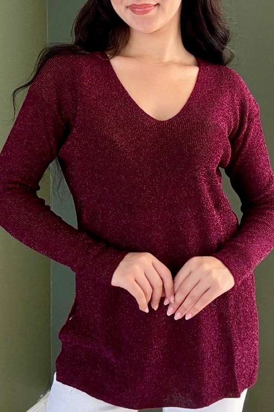 V Yaka Simli Triko (Kalçayı Kapatır) D5039 - bordo