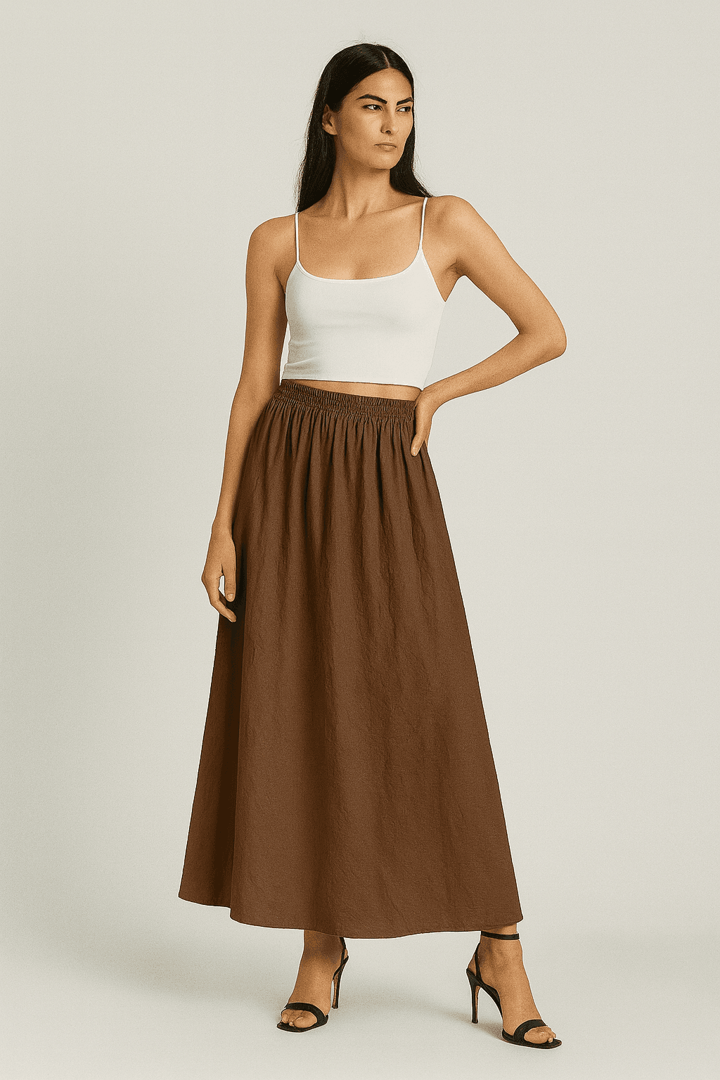 Maxi Boy Kırışık Kumaş Poplin Uzun Etek (94 cm.) FD4012 - Kahverengi