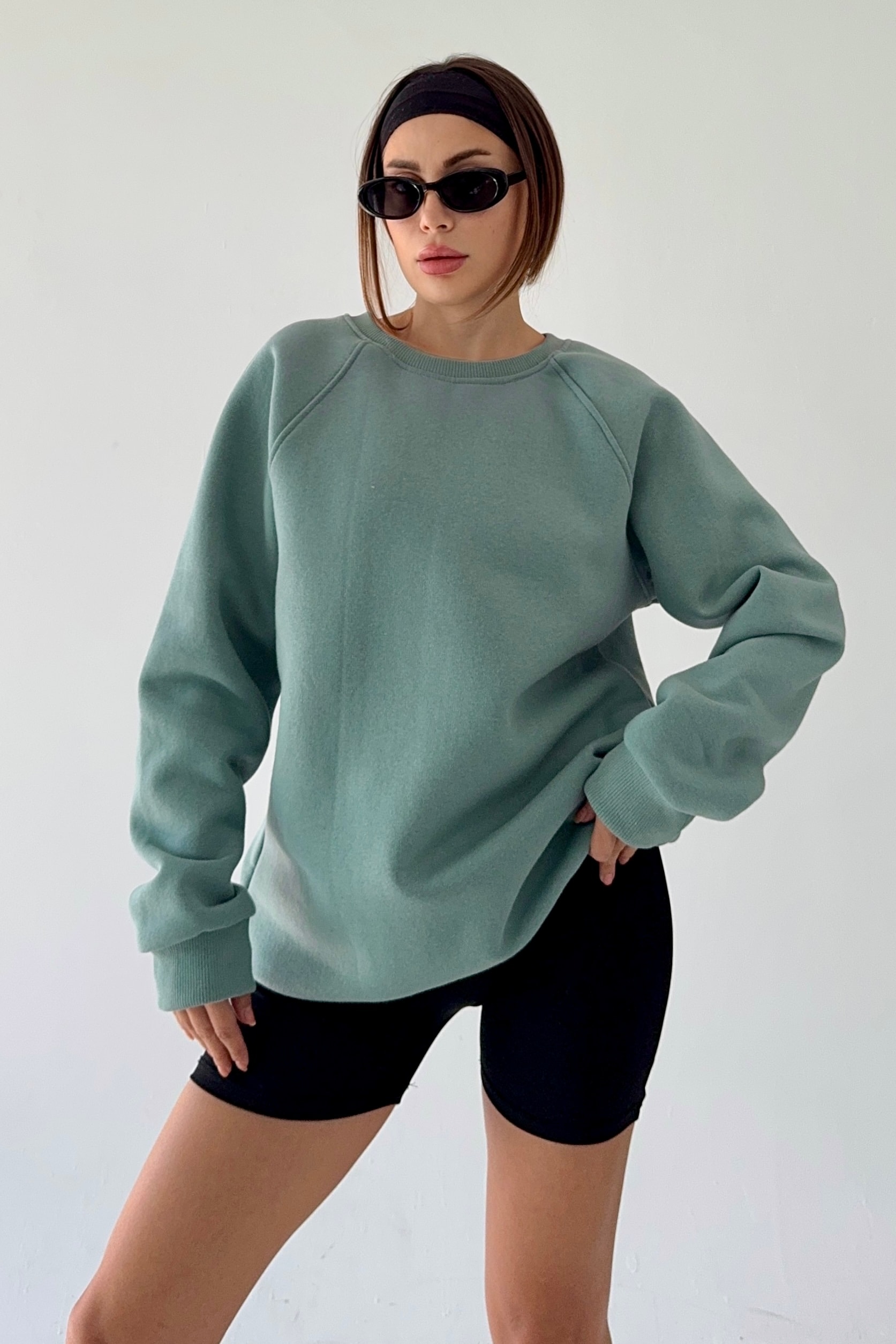 İçi Polarlı Kalın Üç İplik Oversize Sweatshirt BB090882 - mint yeşil