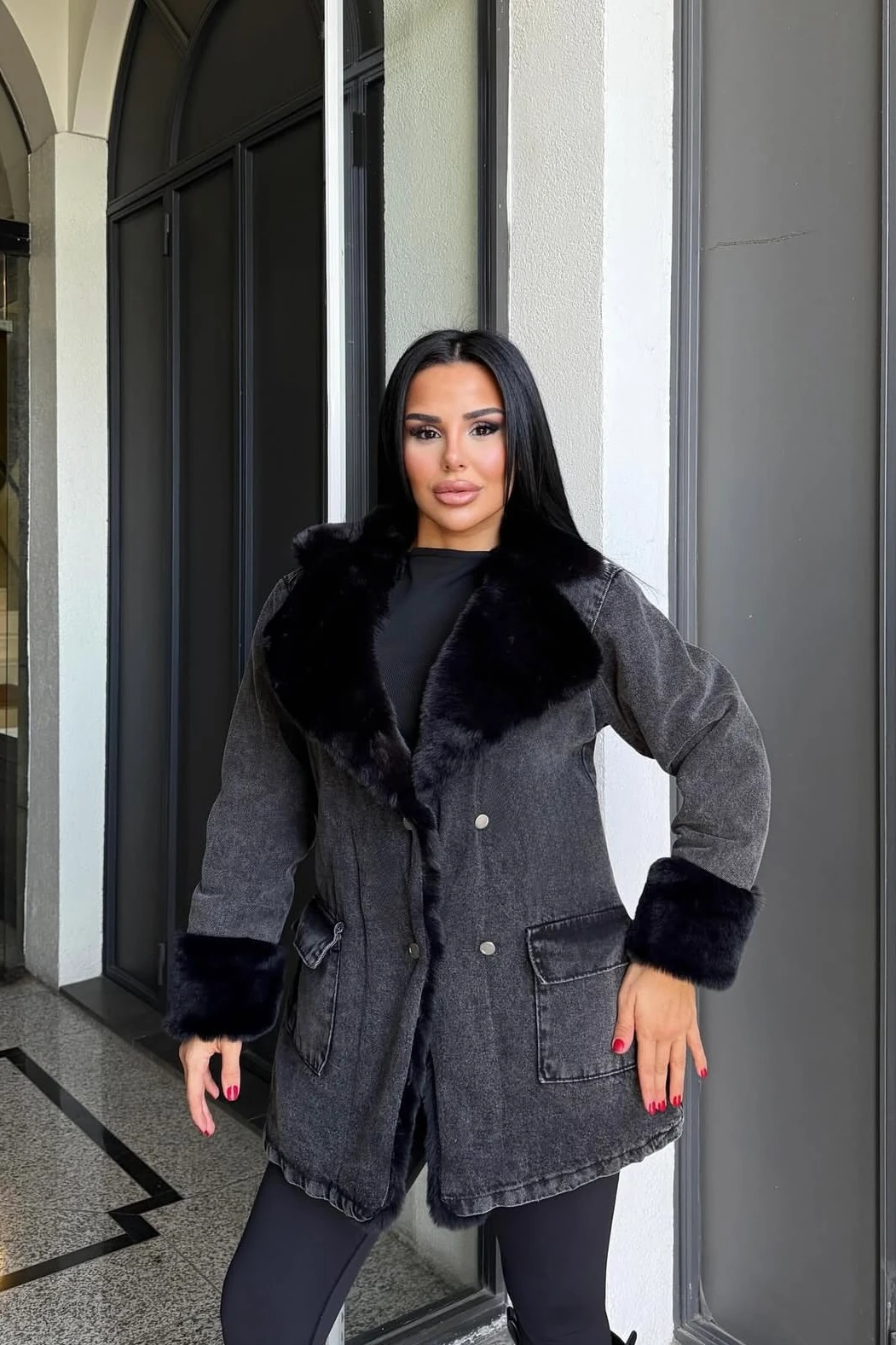 Kürklü Uzun Mont (Kalçayı Kapatır) M5006 - siyah