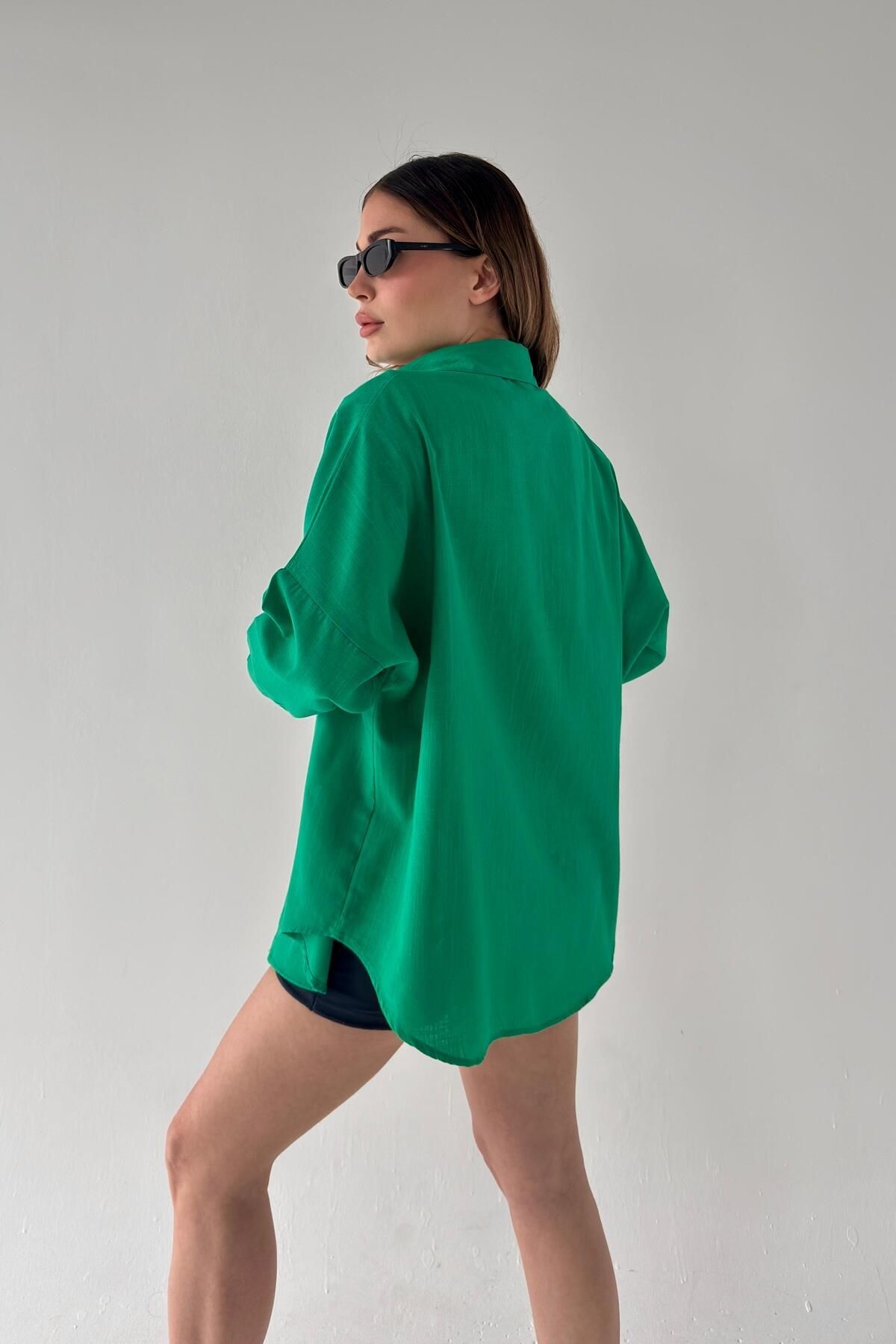 Oversize Keten Dokulu %100 Pamuk Salaş Gömlek Bb-ku3435 - benetonyeşil