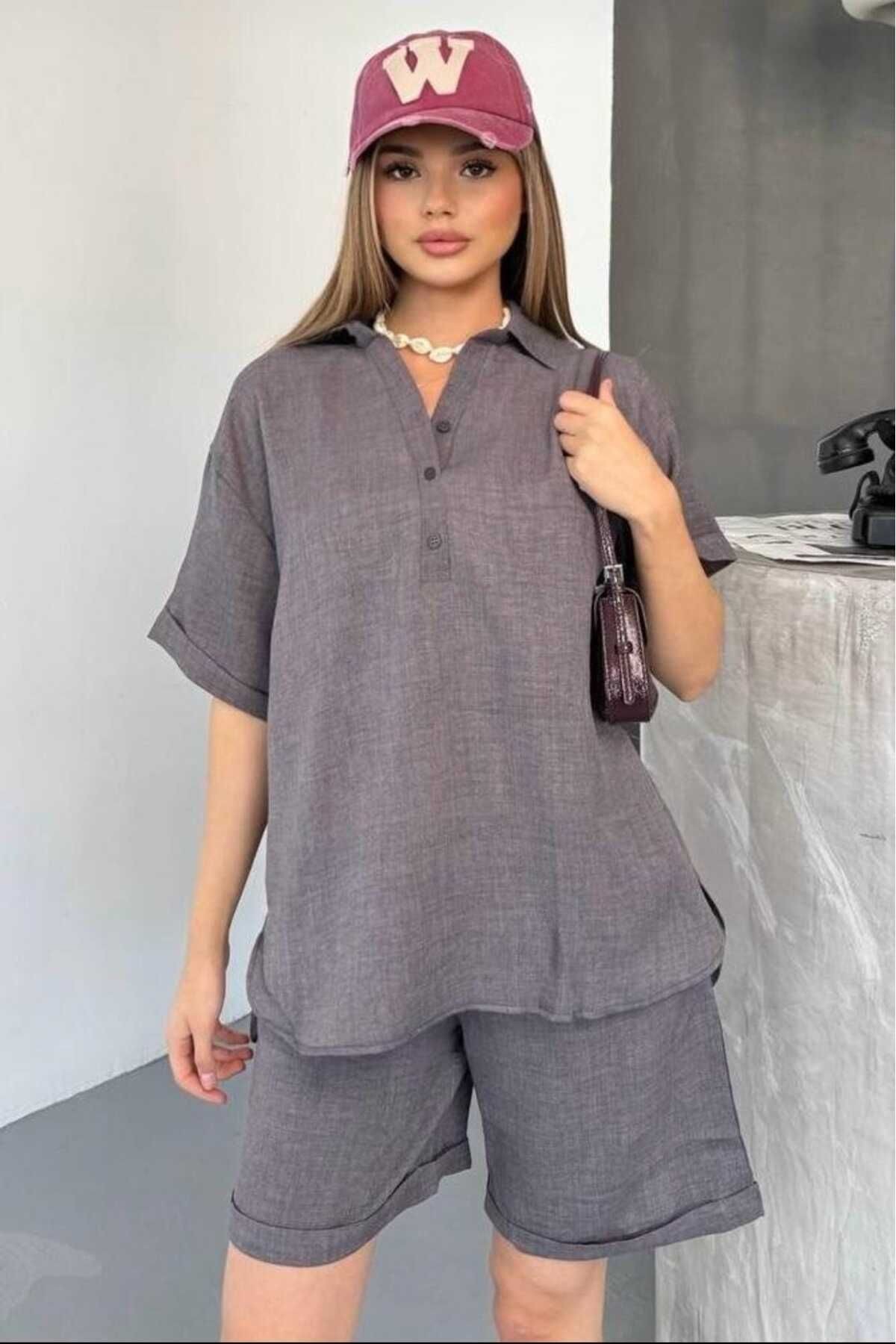 Kolay Ütü Sofia Keten Şortlu Takım SF3096 - gri