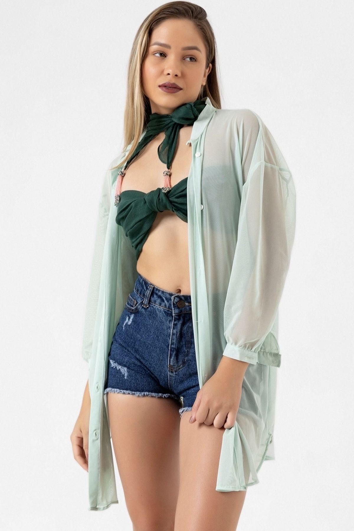 Oversize Tül Şifon Salaş Gömlek - mint