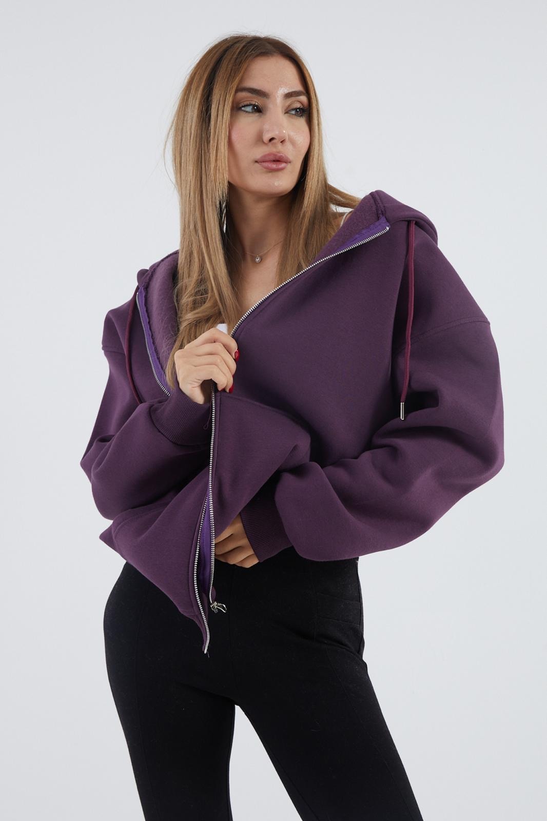 İçi Polarlı Kalın Sweatshirt ZN4545 - mor