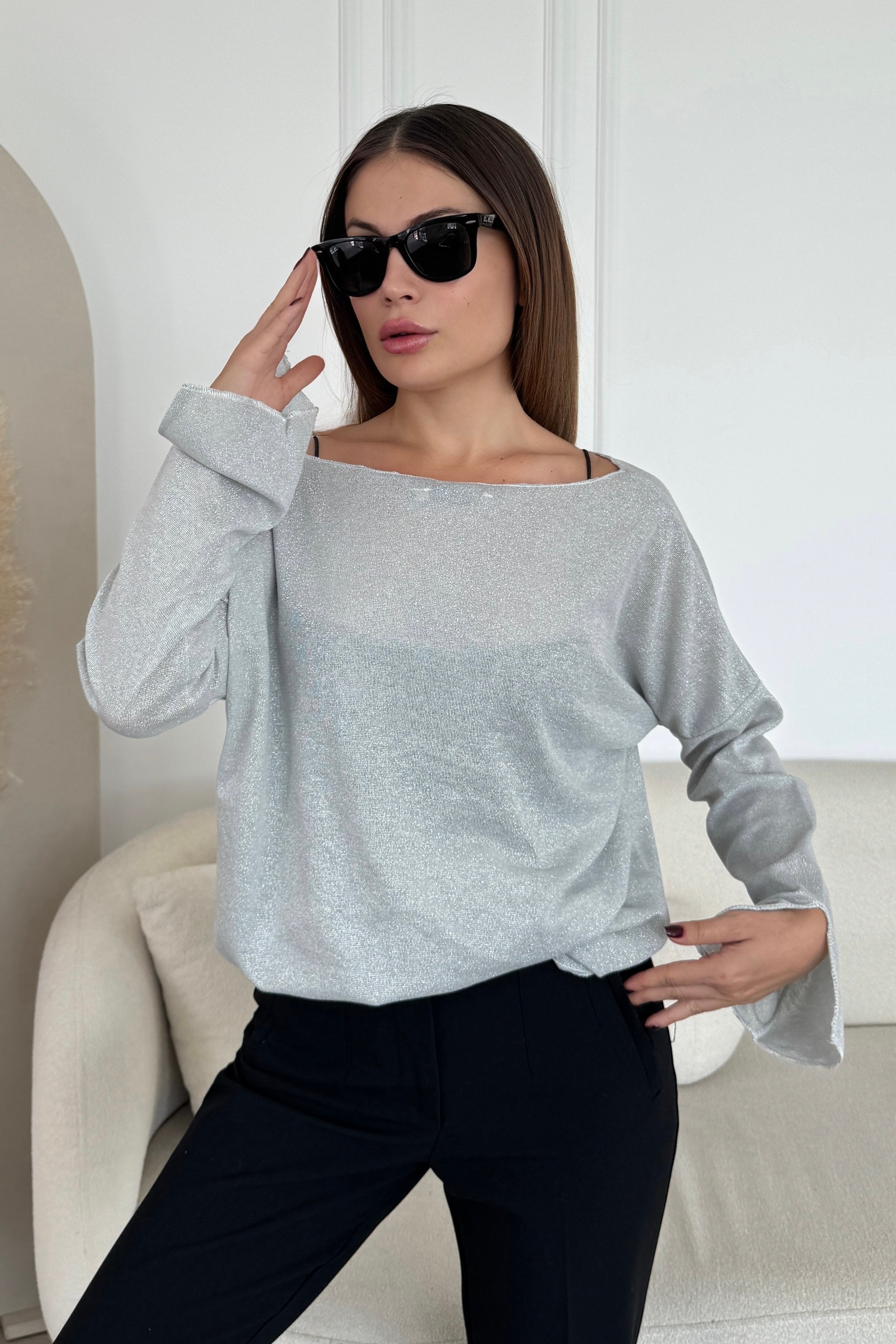 Kayık Yaka Simli Bluz D5444 - gri
