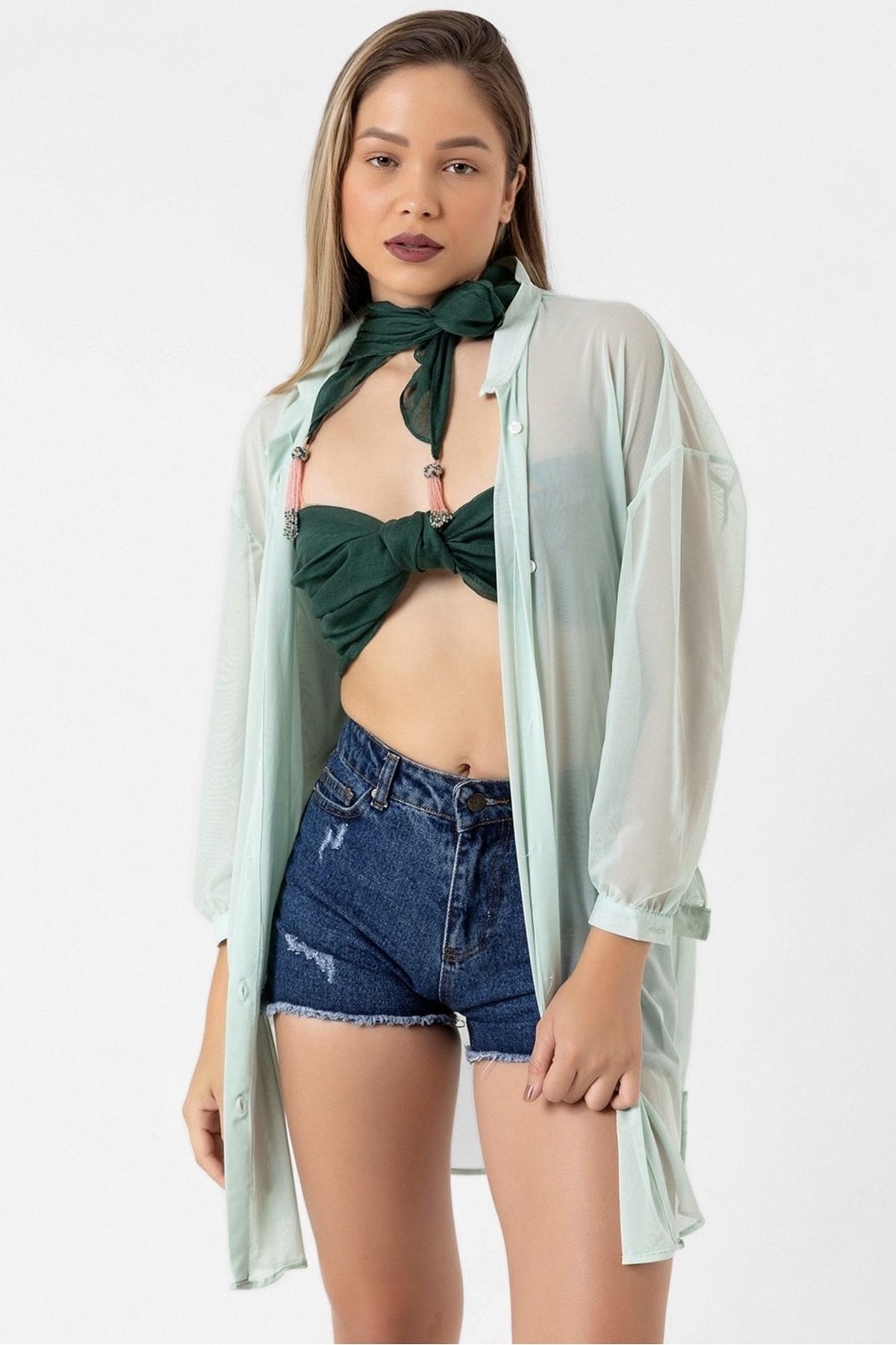 Oversize Tül Şifon Salaş Gömlek - mint