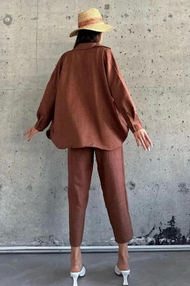 Sofia Gömlek - Pantolon İkili Takım (Kolay Ütü) SF0025 - kahverengi