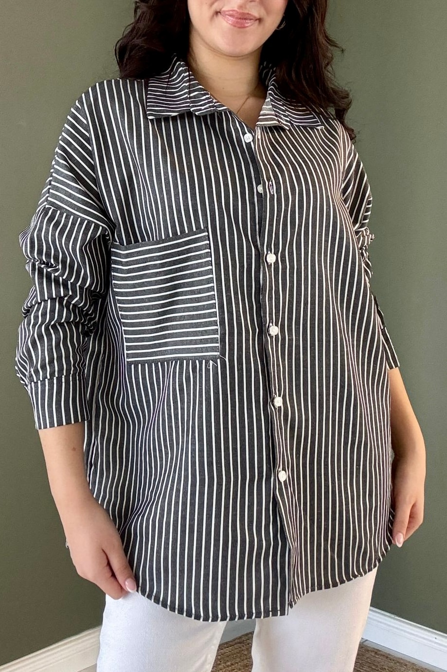 Oversize Çizgili Gömlek B5039 - siyah