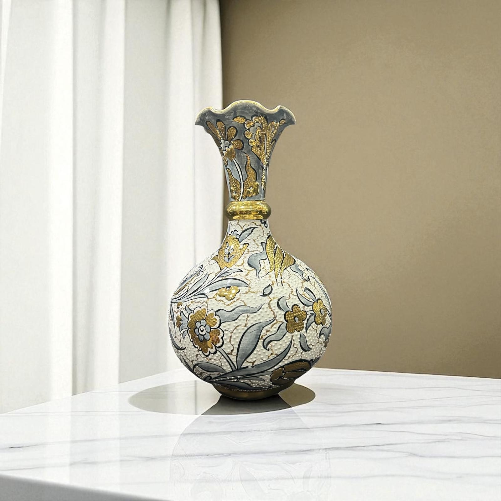 Altın Işıltılı El Yapımı Benzersiz Özel Çini Desenli Saf Altın İşlemeli Dekoratif Vazo 30 cm