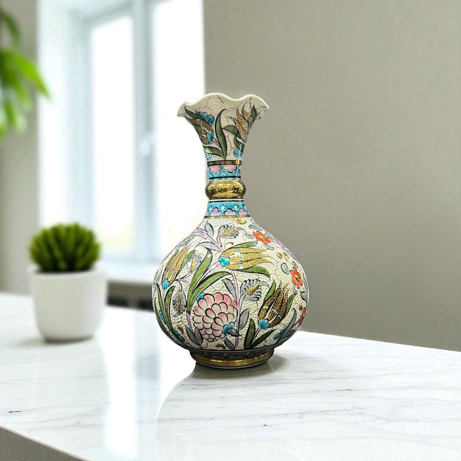 Zerafetin Simgesi El Yapımı Özel Çini Desenli Saf Altın İşlemeli Dekoratif Vazo 30 cm