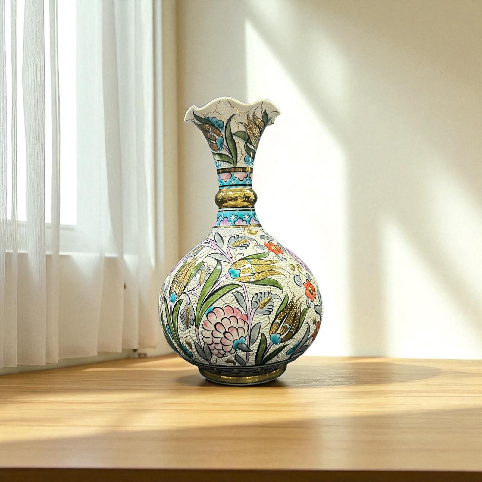 Zerafetin Simgesi El Yapımı Özel Çini Desenli Saf Altın İşlemeli Dekoratif Vazo 30 cm