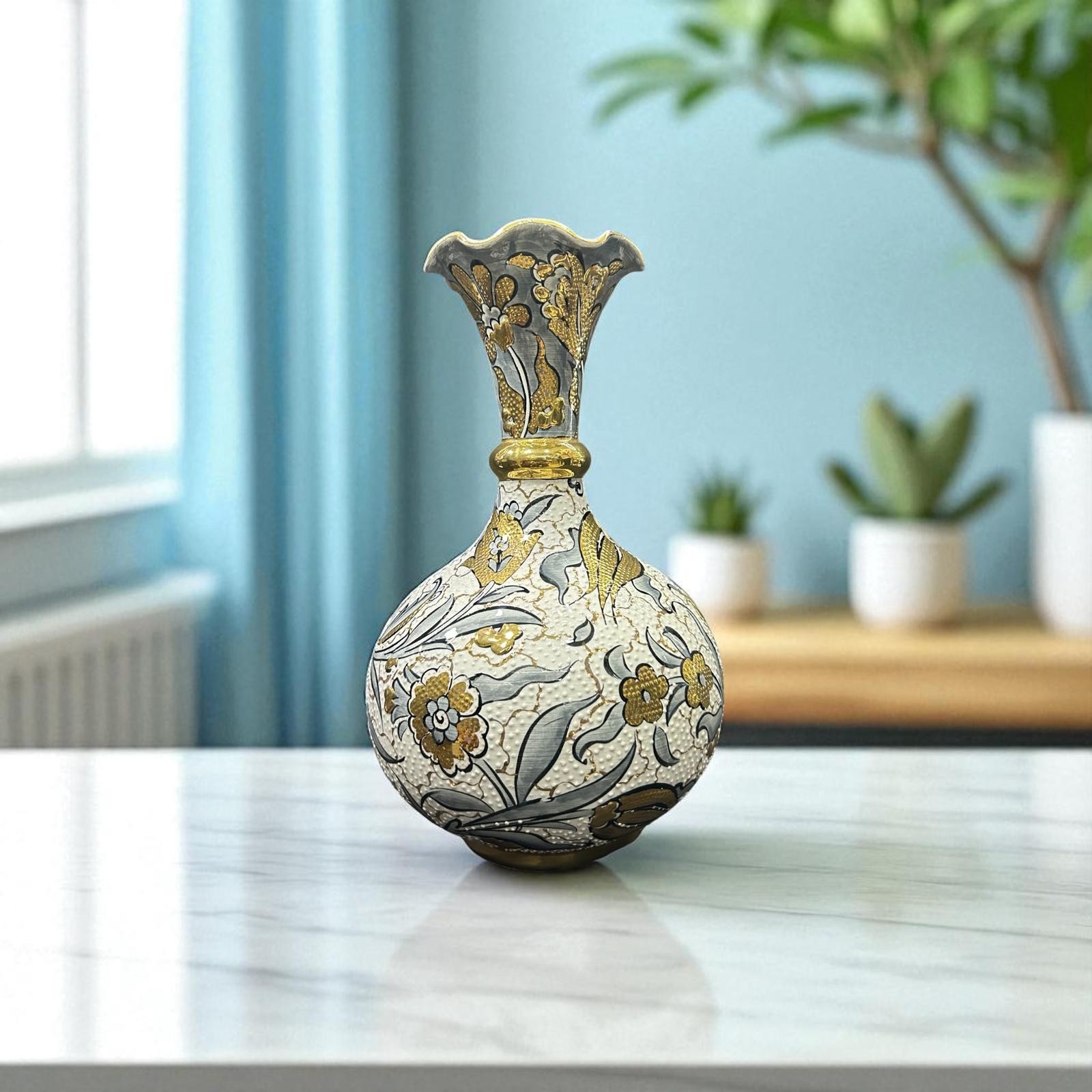 Altın Işıltılı El Yapımı Benzersiz Özel Çini Desenli Saf Altın İşlemeli Dekoratif Vazo 30 cm