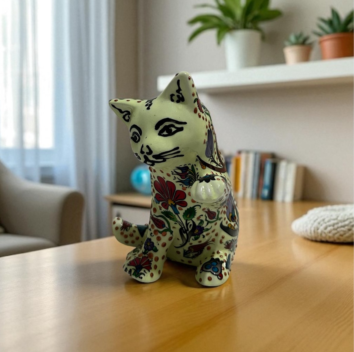 Özel Tasarım El Yapımı Dekoratif Fosforlu Seramik Kedi