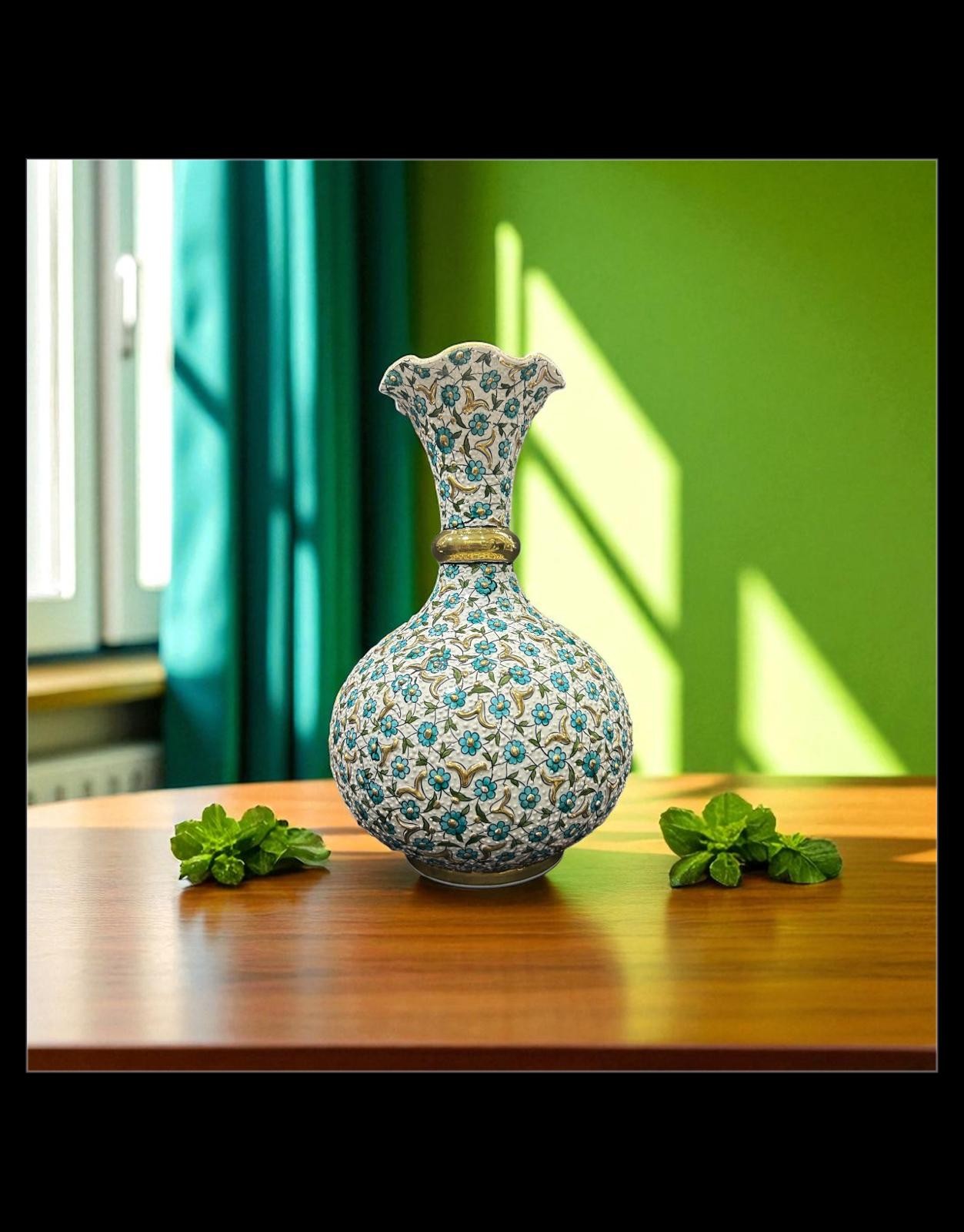 Özel Tasarım El Yapımı Özel Çini Desenli Saf Altın İşlemeli Dekoratif Vazo 30 cm