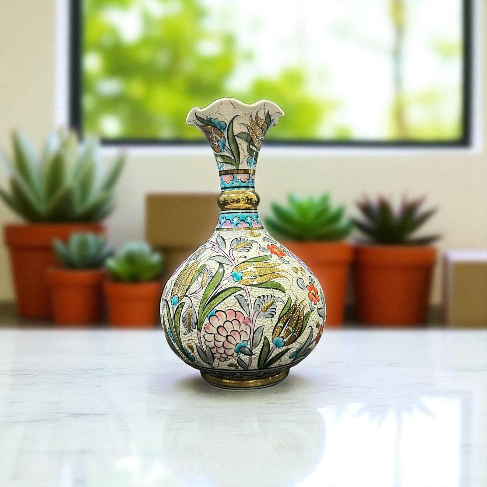 Zerafetin Simgesi El Yapımı Özel Çini Desenli Saf Altın İşlemeli Dekoratif Vazo 30 cm