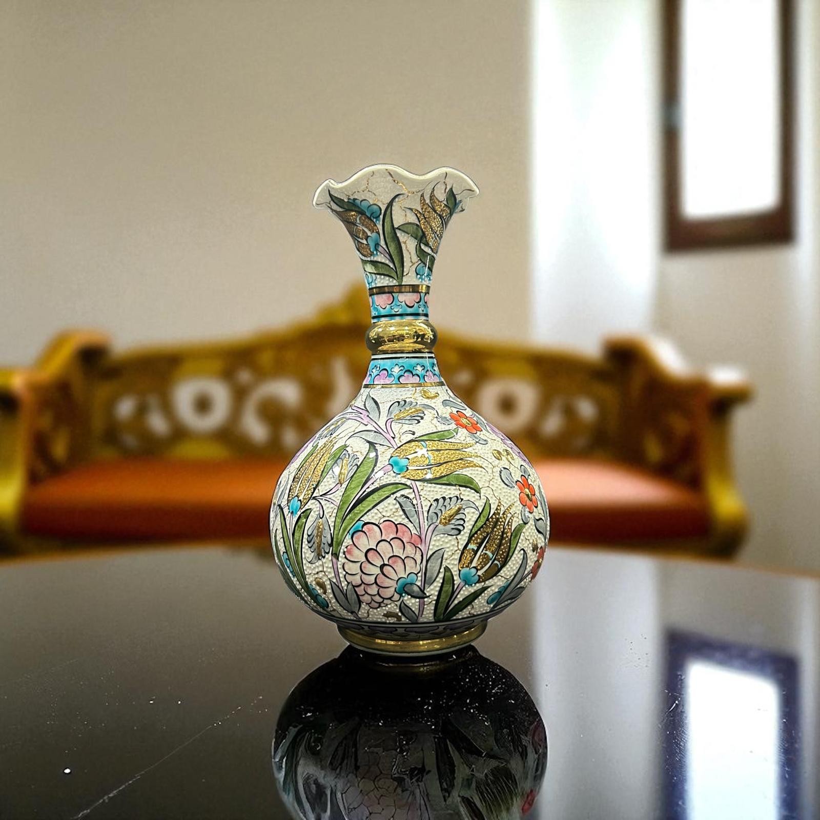 Zerafetin Simgesi El Yapımı Özel Çini Desenli Saf Altın İşlemeli Dekoratif Vazo 30 cm