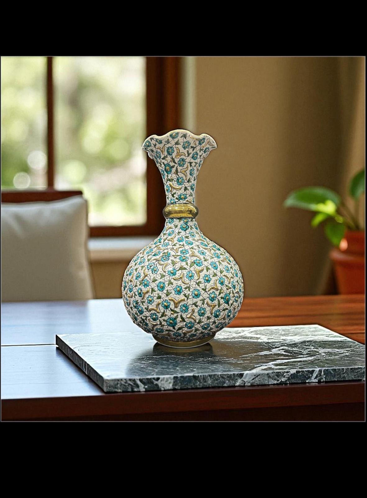 Özel Tasarım El Yapımı Özel Çini Desenli Saf Altın İşlemeli Dekoratif Vazo 30 cm