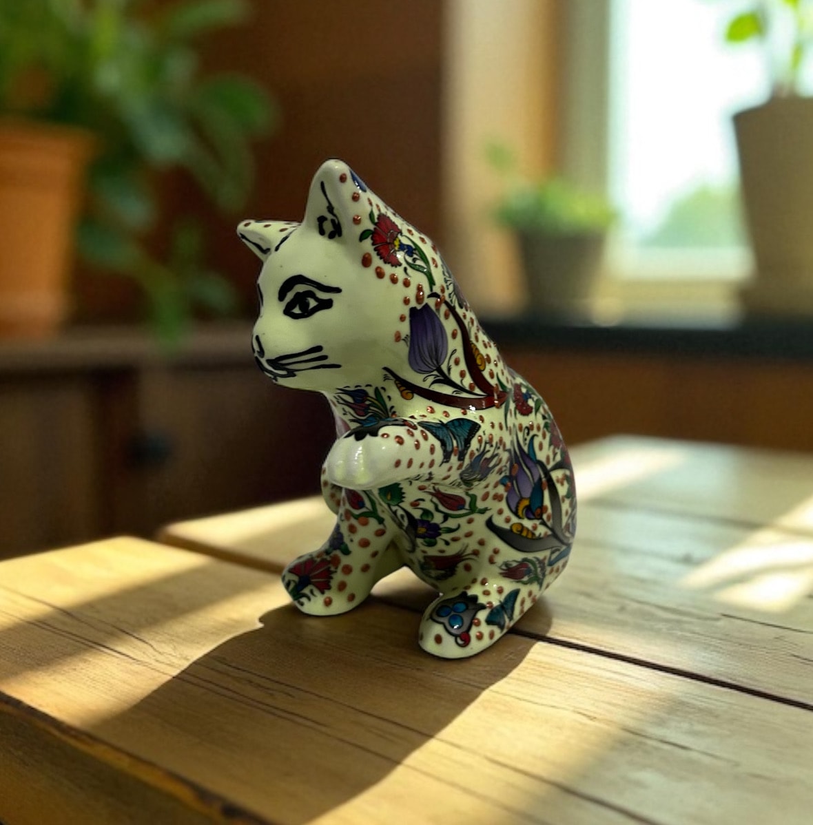 Özel Tasarım El Yapımı Dekoratif Fosforlu Seramik Kedi