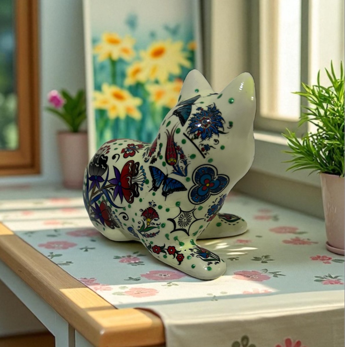 El Yapımı Özel Tasarım Dekoratif Fosforlu Seramik Kedi