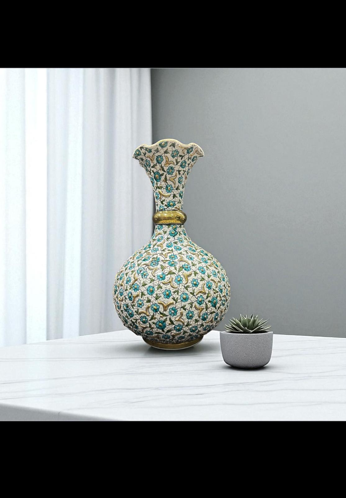 Özel Tasarım El Yapımı Özel Çini Desenli Saf Altın İşlemeli Dekoratif Vazo 30 cm