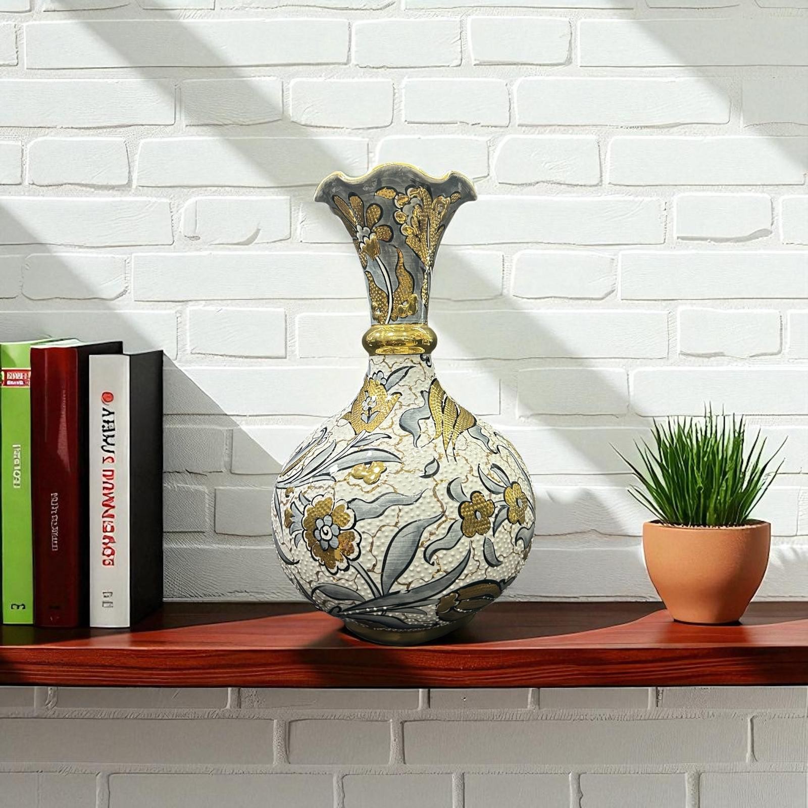 Altın Işıltılı El Yapımı Benzersiz Özel Çini Desenli Saf Altın İşlemeli Dekoratif Vazo 30 cm