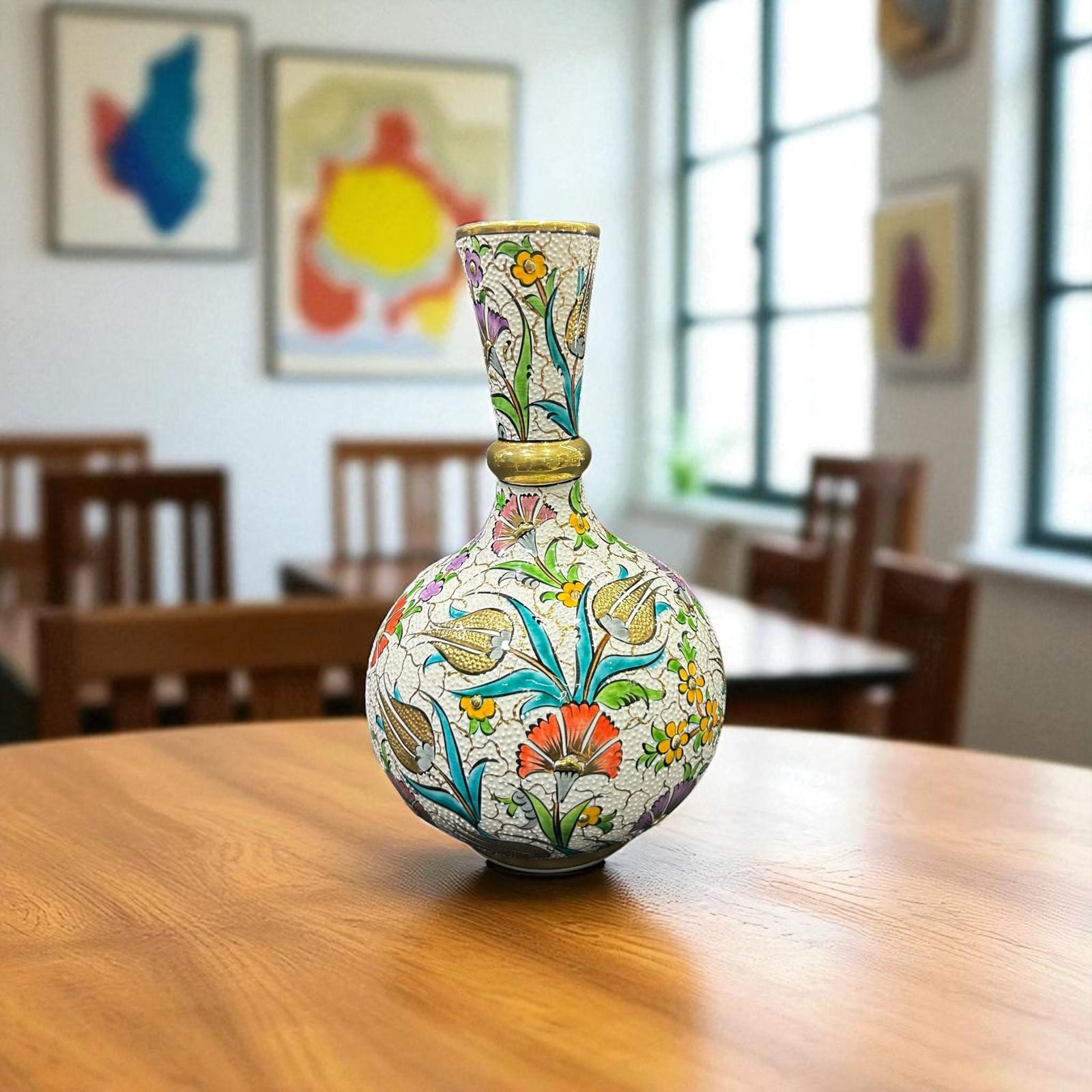 El Yapımı Özel Çini Desenli Saf Altın İşlemeli Dekoratif Vazo 30 cm