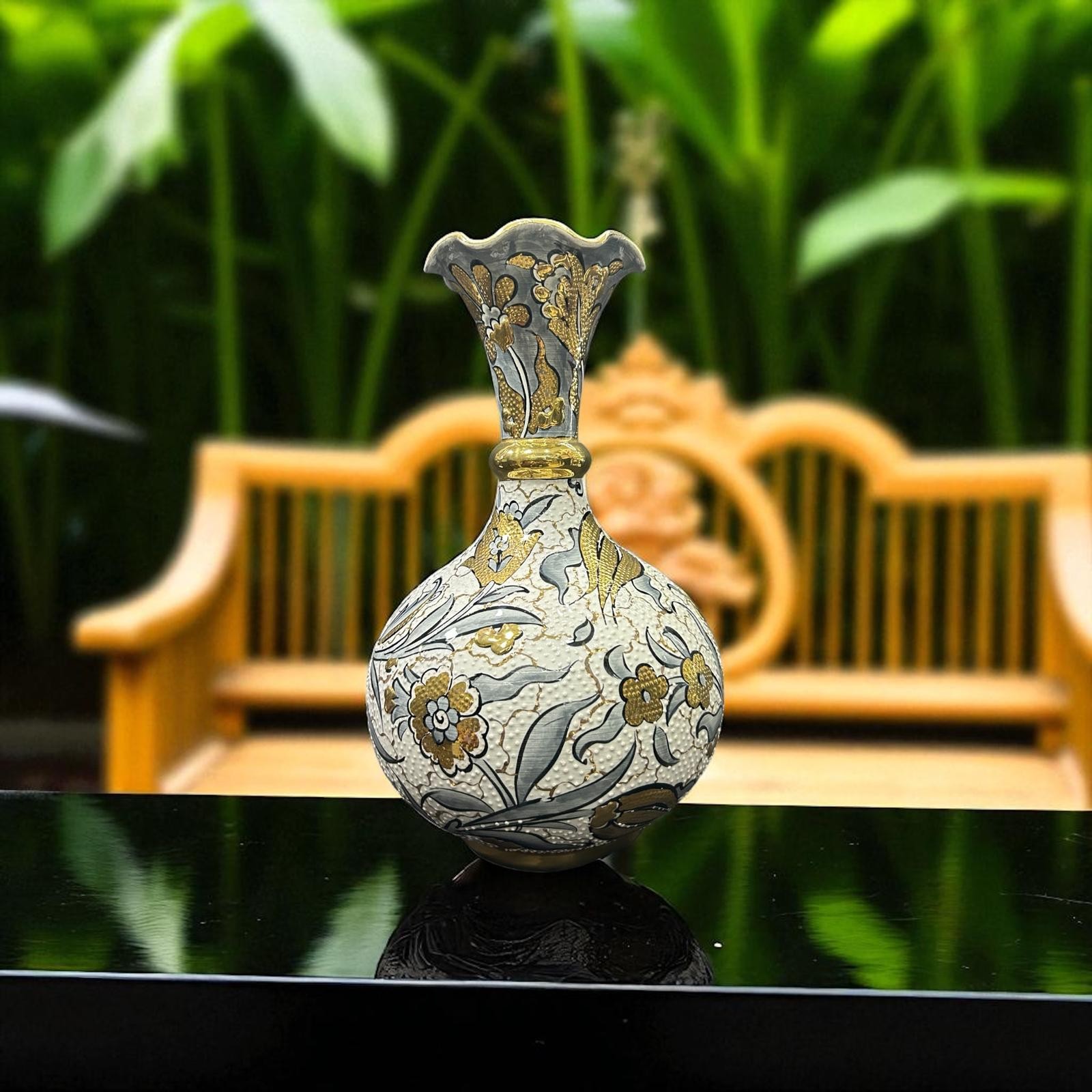 Altın Işıltılı El Yapımı Benzersiz Özel Çini Desenli Saf Altın İşlemeli Dekoratif Vazo 30 cm