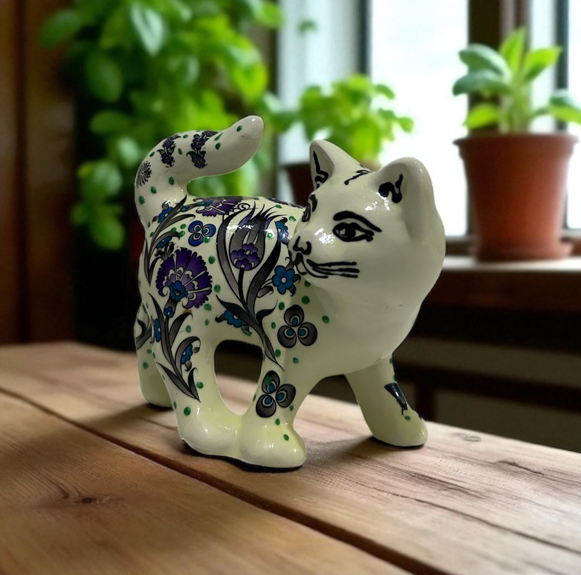 Özel Tasarım El Yapımı Fosforlu Dekoratif Seramik Kedi