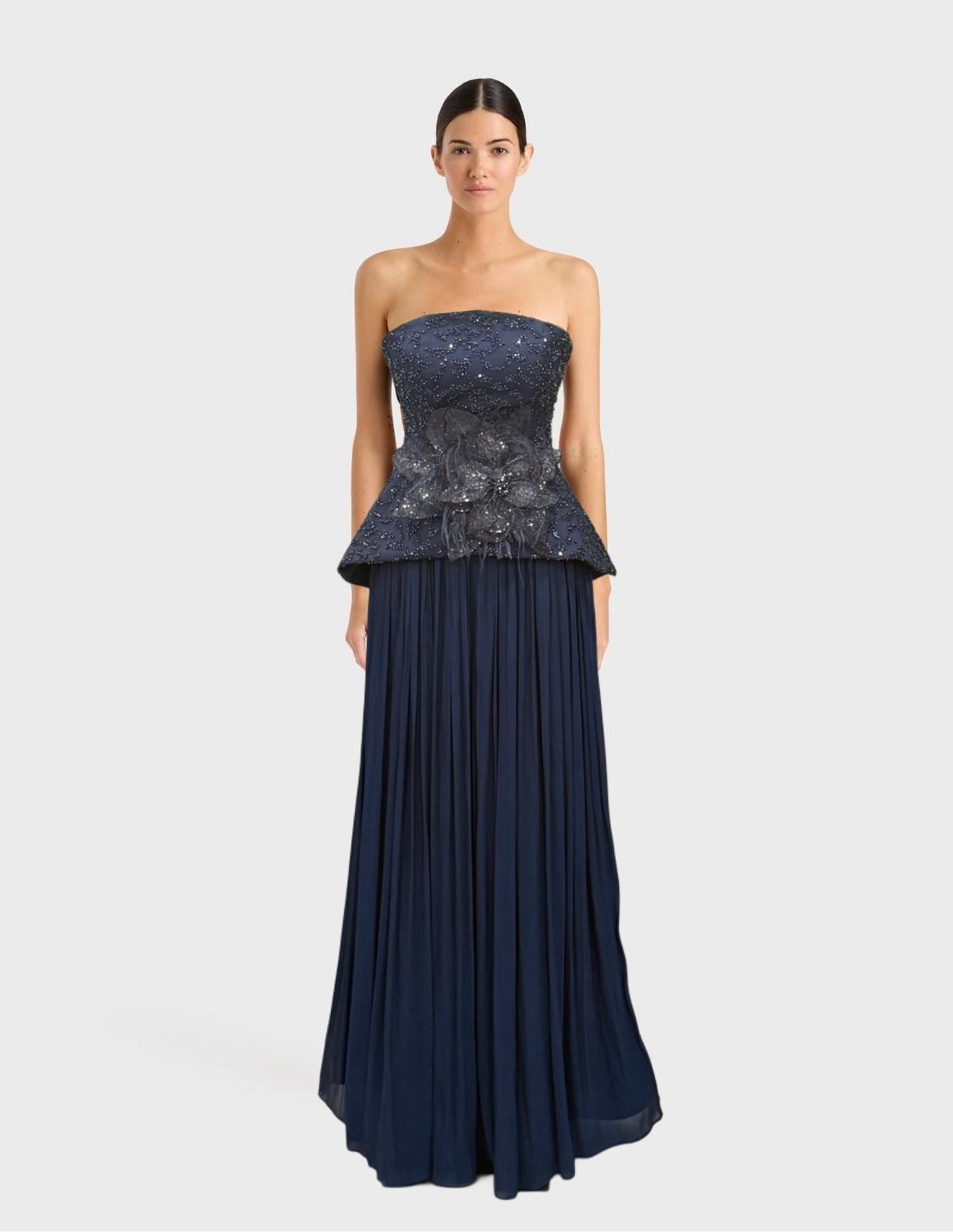 Çiçek Aksesuarlı Straplez Peplum Abiye