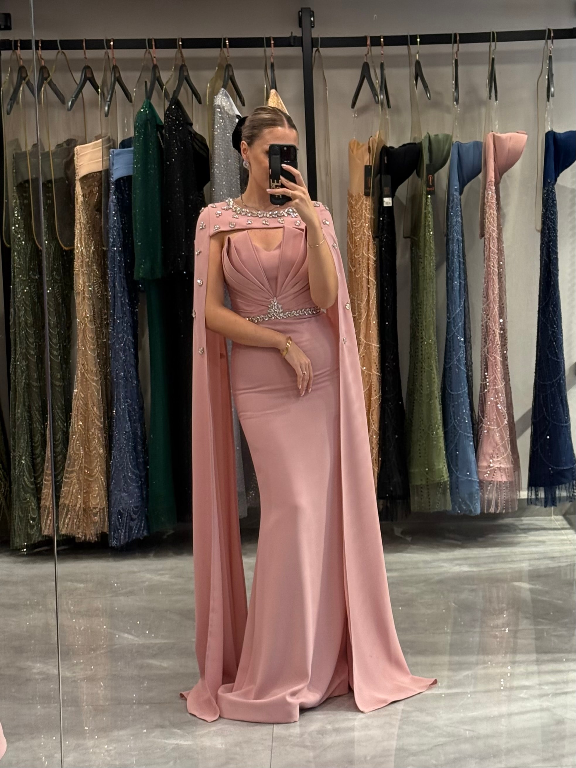 Drape Detaylı Ve Pelerinli Abiye Elbise - PUDRA